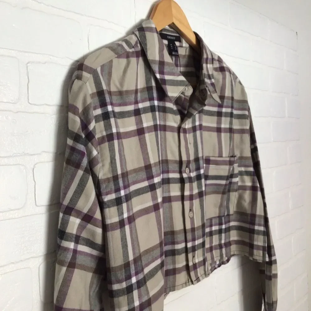2/40$ FLANNEL plaid checkers Forever 21 oversize Crop blouse plaid beige neutral - Picture 2 of 9